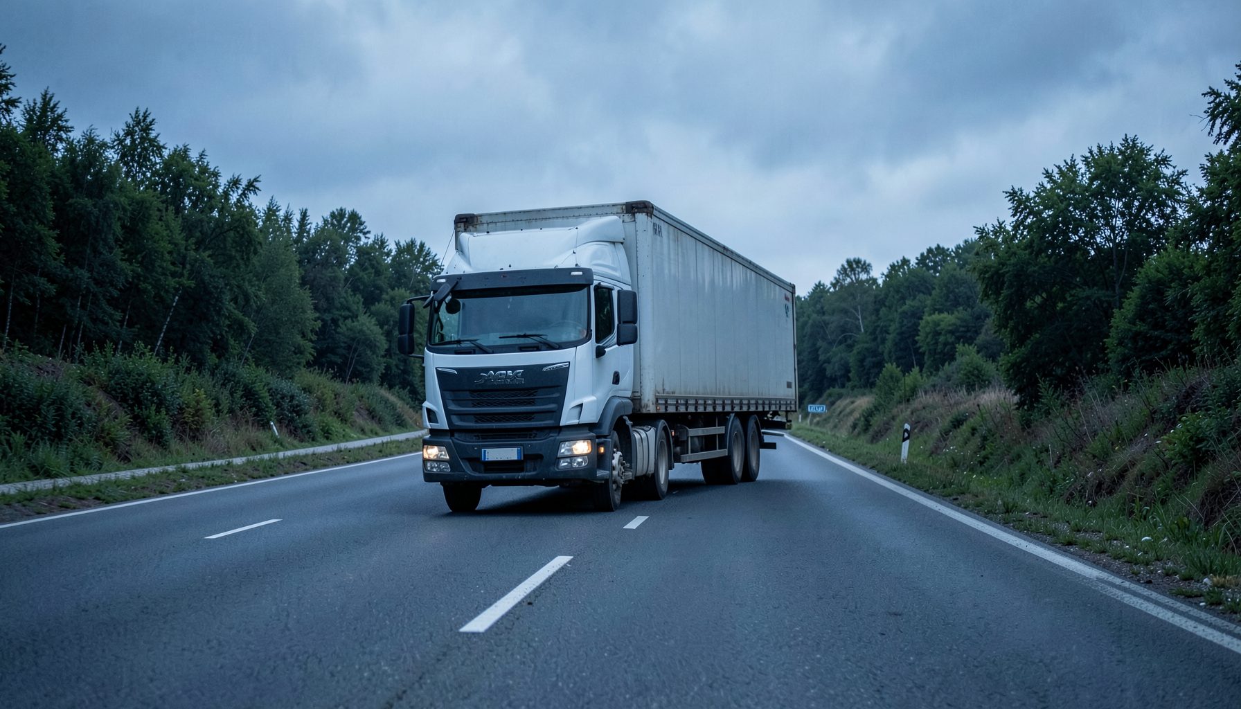 Грузовой автомобиль на загородной трассе в пасмурный день, серо-голубые тона, просторная дорога